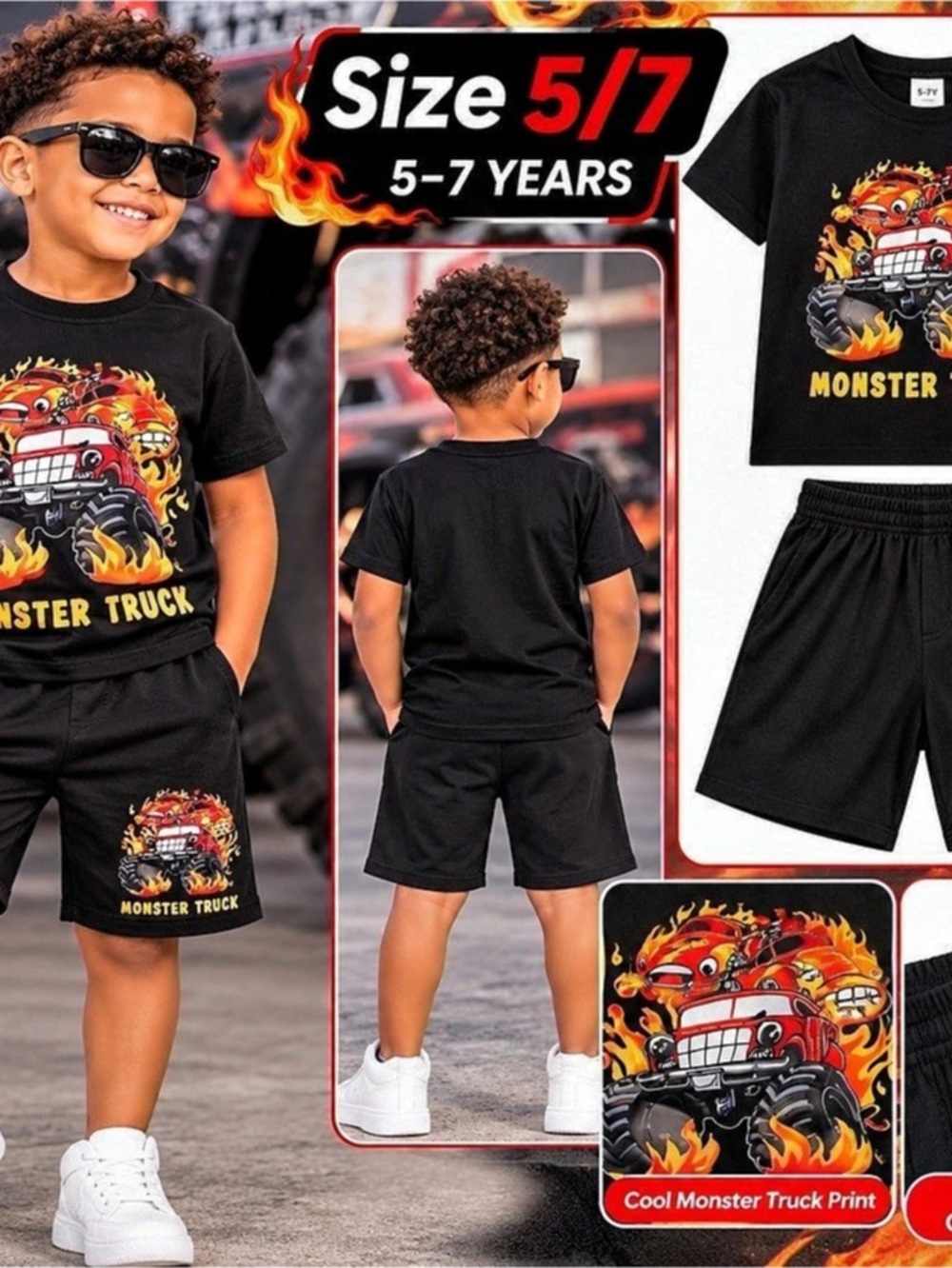 Boys Size 5/7 Monster Truck Set Like New